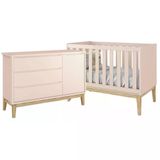 Jogo De Quarto Classic Cômoda Com Porta E Berço Rosa Fosco Com Pés Madeira Natural - Reller Móveis Rosa Fosco