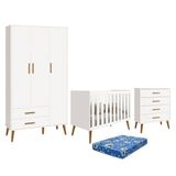 Dormitório Infantil Isis Guarda Roupa 3 Portas, Cômoda E Berço Branco Com Colchão - Reller Móveis Branco