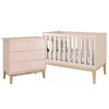 Jogo De Quarto Classic Cômoda 3 Gavetas E Berço Rosa Fosco Com Pés Madeira Natural - Reller Móveis Rosa Fosco
