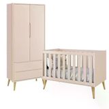 Jogo De Quarto Infantil Theoguarda Roupa 2 Portase Berço Rosa Fosco Com Pés Madeira Natural- Reller Móveis Rosa Fosco