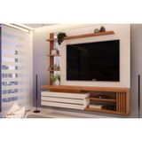 Rack Bancada C/ Painel P/ Tv Até 55 Pol Marin 1 Porta E Torre Ripada 160x153cm Off White/freijó - Dj Móveis