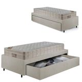 Cama Box Solteirão Com Gaveta 88x188cm Revestida Em Courino Linho Areia Com Colchão Airtech Ortobom
