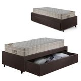 Cama Box Solteirão Com Gaveta 88x188cm Revestida Em Courino Linho Marrom Com Colchão Airtech Ortobom