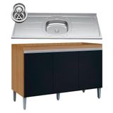 Balcão De Cozinha Com Pia Inox 120cm Manu Preto-amêndoa - Ajl Móveis