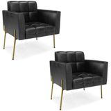 Poltrona Sala Pé Metal Dourado Kit 2 Ana Sintético Pu Preto - Ibiza