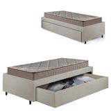 Cama Box Solteiro Com Gaveta 88x188cm Revestida Em Courino Linho Areia Com Colchão Supreme Gazin