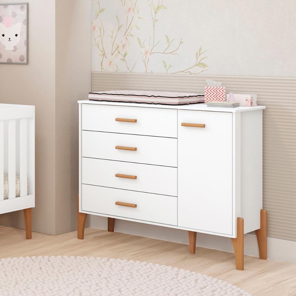 Comoda Quarto Infantil Iris Com 4 Gavetas E 1 Porta Branco Acetinado