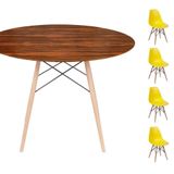 Conjunto Mesa Eames Eiffel Dsw Redonda Pau Ferro 90cm + 4 Cadeiras Eames Dsw - Amarela