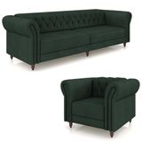 Conjunto 1 Sofá Living 260cm E 1 Poltrona Stanford Chesterfield Pés Madeira Couro Verde G58 Gran Belo