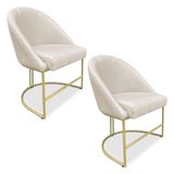 Kit 02 Cadeiras Poltrona De Jantar Bela Linho Bege Base Metálica Industrial Dourado - Pallazio