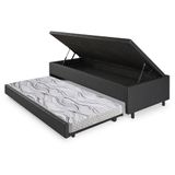 Bicama Box Com Baú Solteiro Courino Linho Preto 88x188 Com Colchão Auxiliar Ecoflex