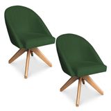 Kit 02 Poltronas Cadeira Giratória Bela Suede Verde Base De Madeira - Pallazio