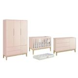 Dormitório Classic 3 Portas Rosa Com Pés Madeira Natural E Colchão D18 Branco - Reller Móveis Rosa