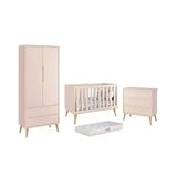 Dormitório Theo 2 Portas Rosa Com Pés Madeira Natural E Colchão D18 Branco - Reller Móveis Rosa
