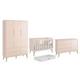Dormitório Theo 3 Portas Rosa Com Pés Madeira Natural E Colchão D18 Branco - Reller Móveis Rosa