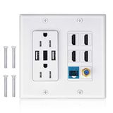 2 Power Outlet 15a Com Dual 2.4a Usb Carregador Porta Placa De Parede Com Iluminação Led, Iqian 4 Hdmi Hdtv + 1 Cat6 Rj45 Ethernet + Cabo Co