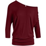 Top Simlu Dolman, Manga 3/4, Drapeado, Gola Redonda, Cor De Vinho