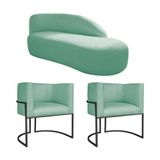 Kit Divã Luna 185cm Lado Direito E 02 Poltronas Base De Ferro Preto Suede Azul Tiffany