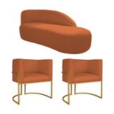 Kit Divã Luna 185cm Lado Direito E 02 Poltronas Base De Ferro Dourado Suede Terracota