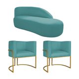 Kit Divã Luna 140cm Lado Direito E 02 Poltronas Base De Ferro Dourado Suede Azul Turquesa