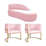 Kit Divã Luna 140cm Lado Direito E 02 Poltronas Base De Ferro Dourado Suede Rosa Bebê