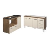 Armário Cozinha Carine Gabinete De Pia 140 Cm E Balcão Alana Para Cooktop 4 Bocas E Forno Ou Microondas Savana Off White