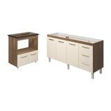 Balcão Cozinha Armário Gabinete De Pia 160 Cm Estela E Balcão Para Fogão Cooktop 5 Bocas Evelyn Savana Off White