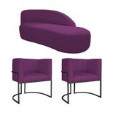 Kit Divã Luna 185cm Lado Direito E 02 Poltronas Base De Ferro Preto Suede Roxo
