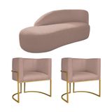 Kit Divã Luna 185cm Lado Esquerdo E 02 Poltronas Base De Ferro Dourado Linho Rosê