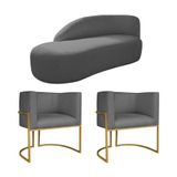 Kit Divã Luna 140cm Lado Esquerdo E 02 Poltronas Base De Ferro Dourado Linho Cinza Escuro