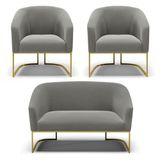 Namoradeira E 2 Poltronas Base Industrial Dourado Stella Suede Grafite D03 - D&#39;rossi