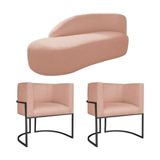 Kit Divã Luna 160cm Lado Esquerdo E 02 Poltronas Base De Ferro Preto Suede Rosê