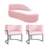 Kit Divã Luna 185cm Lado Direito E 02 Poltronas Base De Ferro Preto Suede Rosa Bebê