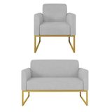 Kit 01 Namoradeira E 01 Poltrona Marisa Suede Cinza Base Industrial Metálica Dourado D\&#39;rossi