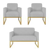 Kit 01 Namoradeira E 02 Poltronas Marisa Suede Cinza Base Industrial Metálica Dourado D\&#39;rossi