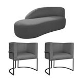 Kit Divã Luna 140cm Lado Esquerdo E 02 Poltronas Base De Ferro Preto Linho Cinza Escuro
