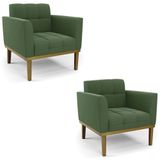 Poltrona Base Madeira Castanho Kit 2 Ana Suede Verde