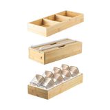Kit Organizador De Gaveta Com 01 Organizador Multiuso + 01 Organizador Rolos + 01 Organizador Temperos Em Bambu Ou