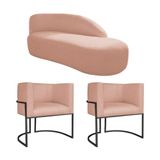 Kit Divã Luna 185cm Lado Direito E 02 Poltronas Base De Ferro Preto Suede Rosê