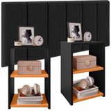 Kit Quarto 2 Mesinhas Bella Prateleira Criado Retrô Preto/cinamomo Cabeceira Estofada Júlia Preto Suede 1,40 Cama Box Casal - Rpm