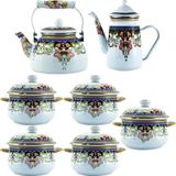 Jogo Panelas Chaleira E Leiteira Aço Esmaltadas 7 Peças Indiana