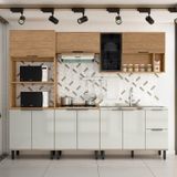 Cozinha Modulada Toscana 5 Peças Em Mdf Com Aéreo 1200 Porta De Vidro E Torre Quente 2 Fornos Freijó/off White