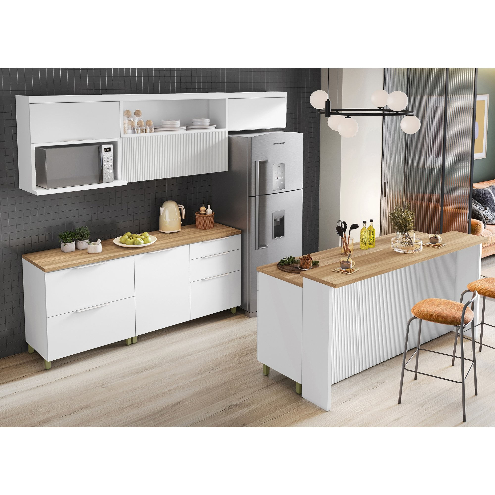 Cozinha Modulada 8 Peças Com 3 Armários Aéreos 4 Balcões 1 Painel De Ilha Ripado Nesher 100% Mdf Marquesa Gourmet Branco