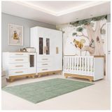 Quarto De Bebê Com Berço Guarda-roupa E Cômoda Com Janelas 100% Mdf Retrô Kakau Espresso Móveis Branco Brilho/amêndoa