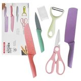 Kit De Facas 6 Peças Coloridas Tesoura Faca Antiaderente