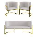 Kit 2 Poltronas + Sofá 2 Lugares Base De Metal Gold Veludo Bege
