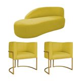 Kit Divã Luna 160cm Lado Esquerdo E 02 Poltronas Base De Ferro Dourado Suede Cor Amarelo