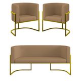 Kit 2 Cadeiras Poltronas + Sofá 2 Lugares Base De Metal Veludo Capuccino