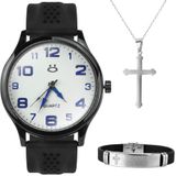 Relogio Masculino Preto Aço + Cordao Crucifixo + Pulseira Preto Ponteiro Inoxidável Prata Prateado
