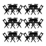 Kit 6 Conjuntos Mesa Dobrável Para Bar E Restaurante 60x60cm Com 4 Cadeiras Em Madeira Maciça - Pret - Preto